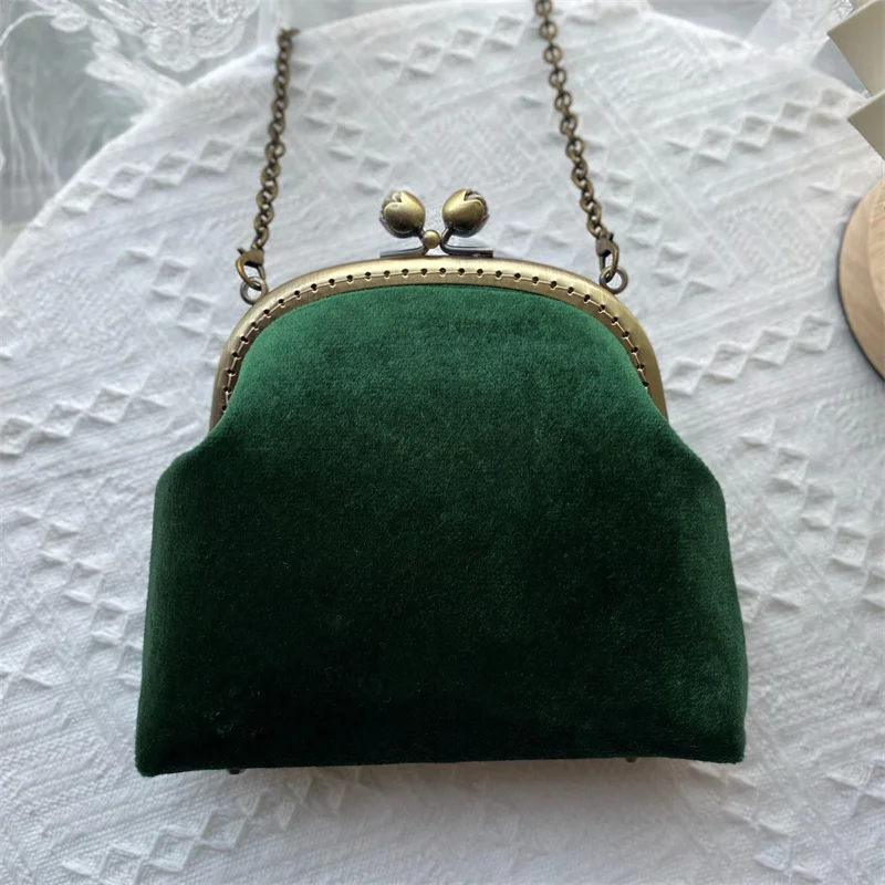 Lost in Vinatge Petrol Green Velvet Clasp Clutch Beset with Pearl Chains Bag Snap Closure Frame Gold Metal Strap Evening Party