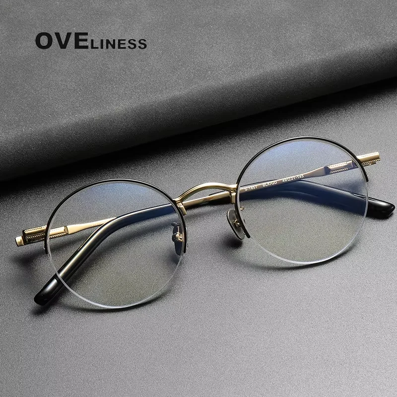 

2025 Pure Titanium Glasses Frame for Men Retro Round half Eyeglasses frames Women Vintage male Eyewear