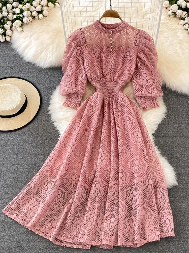 

Summer New Style Stand-up Collar High Waist Thin Puff Sleeve Lace Vestidos Female Bohemian Seaside Vacation Midi Dress KK1835