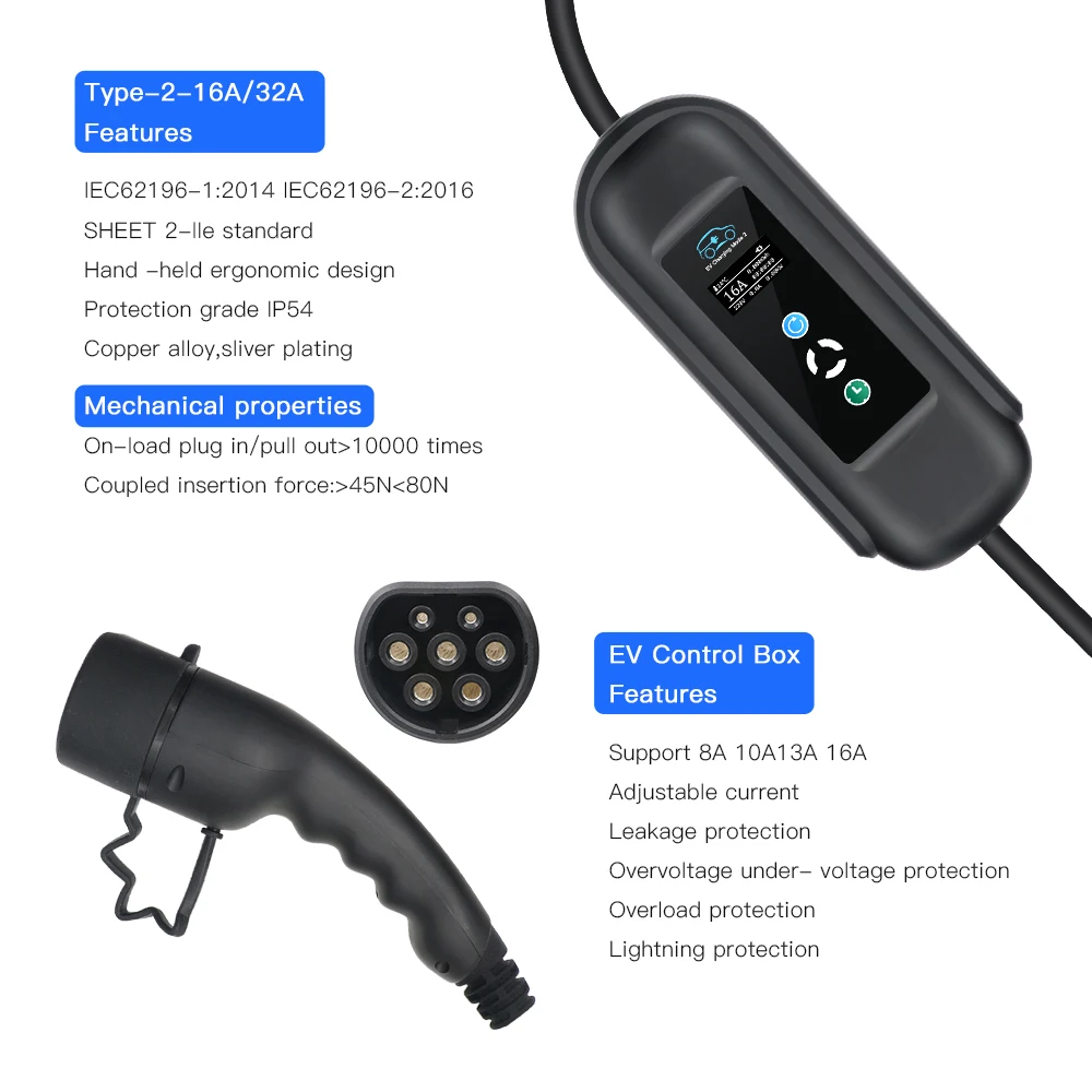 EV Portable Charger Type 2 16A 3.6KW IEC62196-2 EVSE Charging Cable 3.5M EU Plug Controller Wallbox For Electric PHEV Car