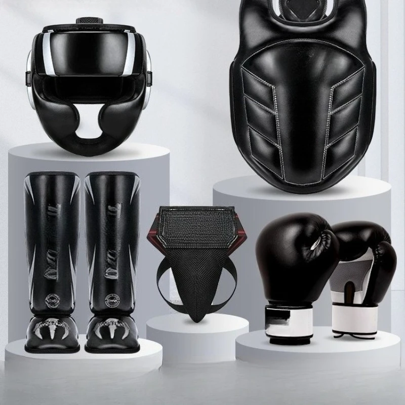 

Full set of protective gear, children's boxing helmet, head guard, face mask, crotch protection, fighting, leg guards, training