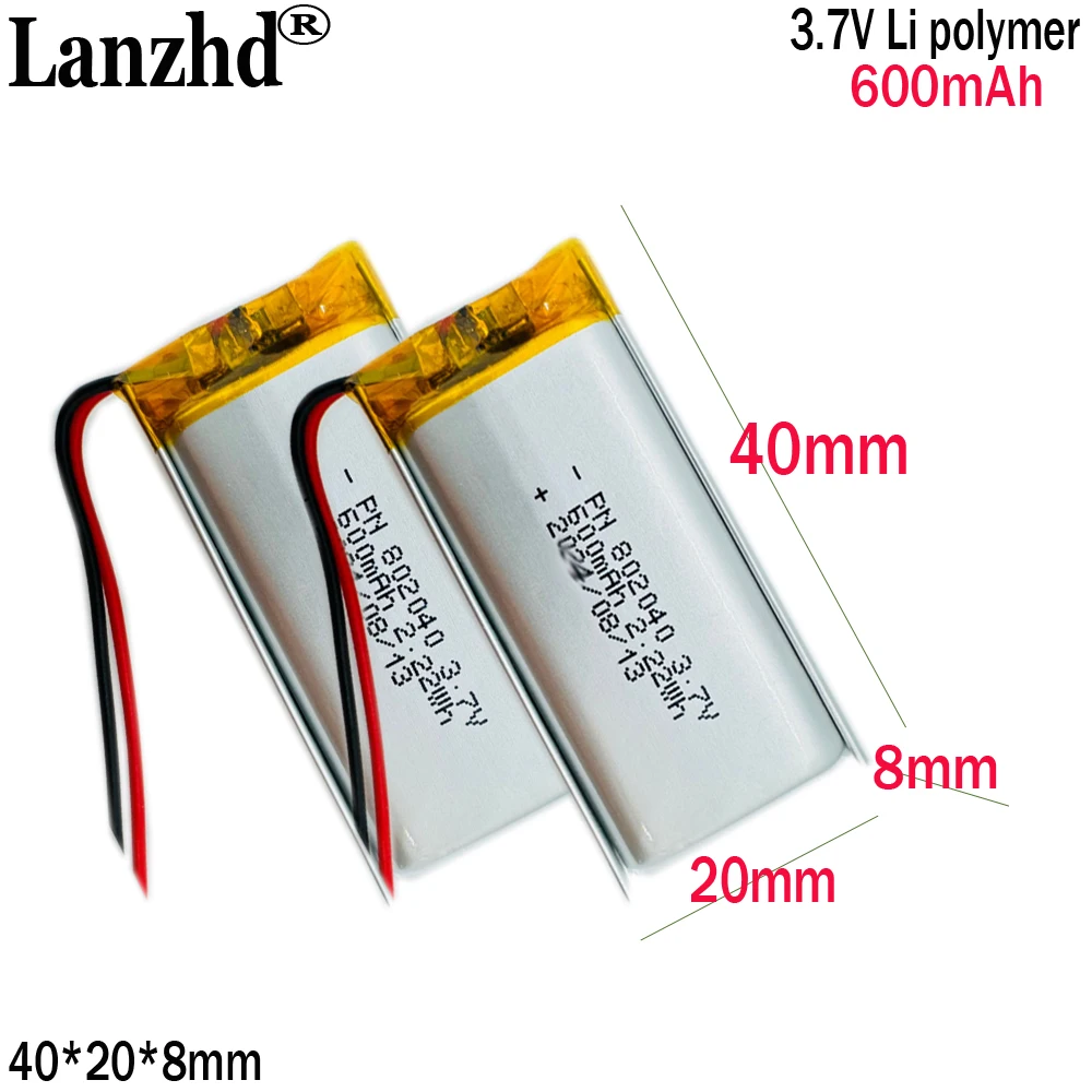 3.7V 600mAh polymer lithium battery KC certified rechargeable For night light Bluetooth speaker DIY Battery pack 802040