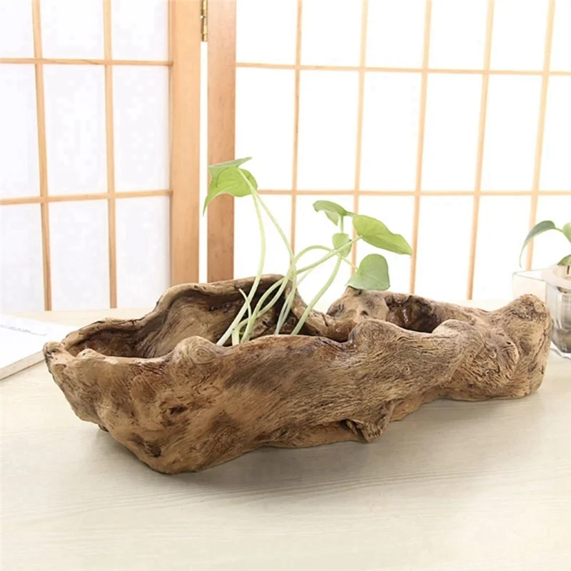 Pastoral Retro Landscape Flower Pot Resin Tree Stump Planter Artificial Driftwood Sculpture Rustic Succulent-ABHG