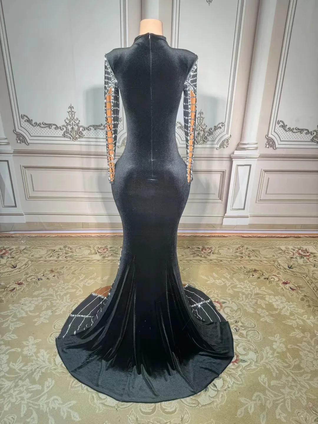 생일 원피스 투명 메쉬 슬림 긴팔 패션 블랙 벨벳 롱 원피스 나이트바 클럽 파티 디너 웨어, 무대 코스튬