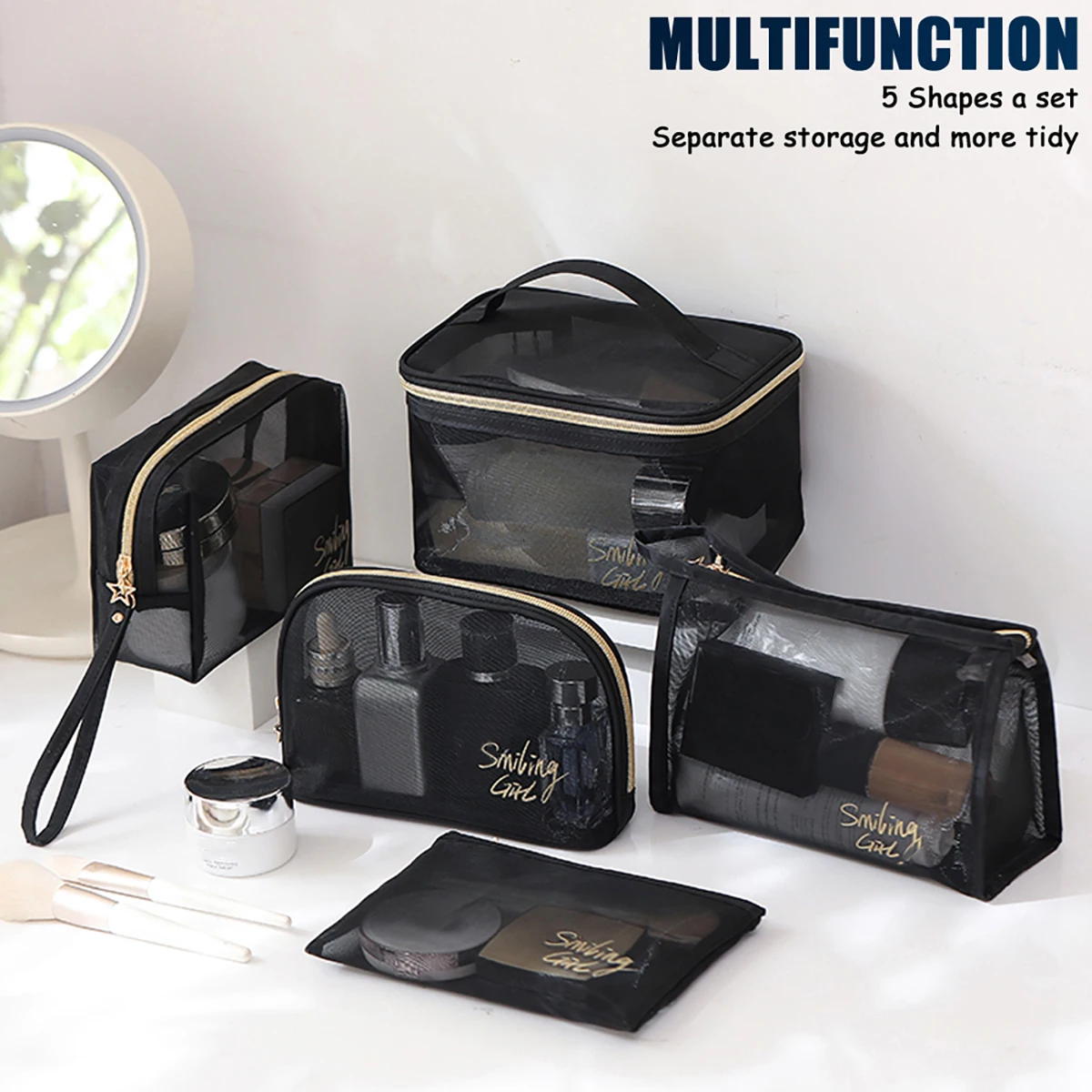 5pcs/Set Mesh Makeup Bags Black&Heart Portable Cosmetic Pouches Washbag