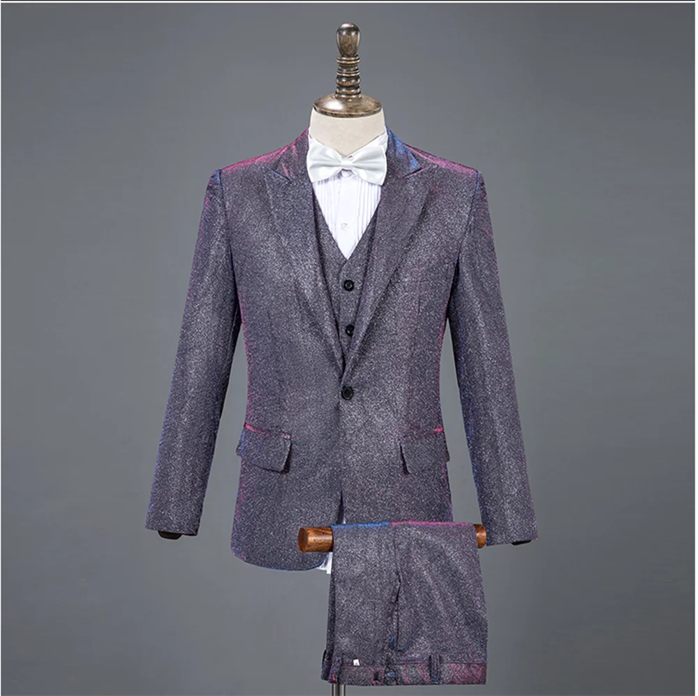 Stage Suit Three-Piece Men'S Dress British Style Host Catwalk Show Nightclub Bright Silk Costume Singer Performance Suit