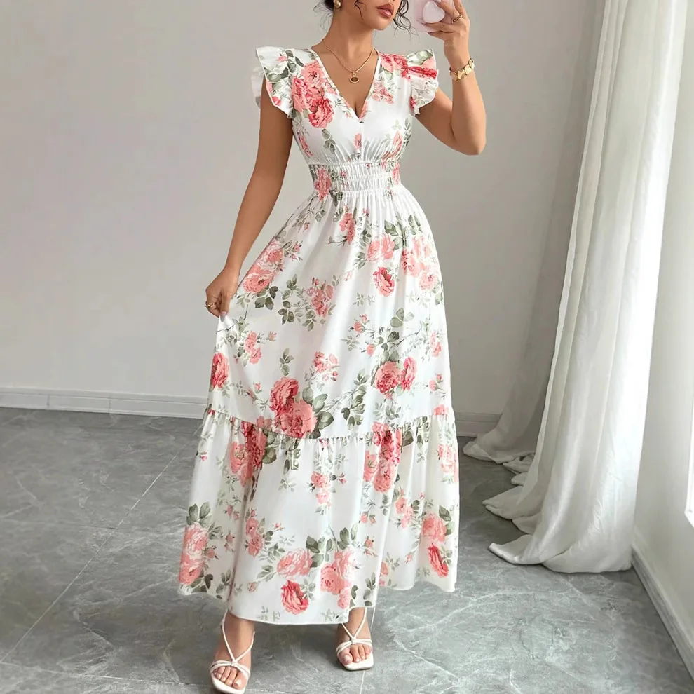 

New Summer Women's Dress V-neck Elastic Waist Flying Sleeves Date Girl Vacation Fashion Patchwork Flower Print Female Long Skirt