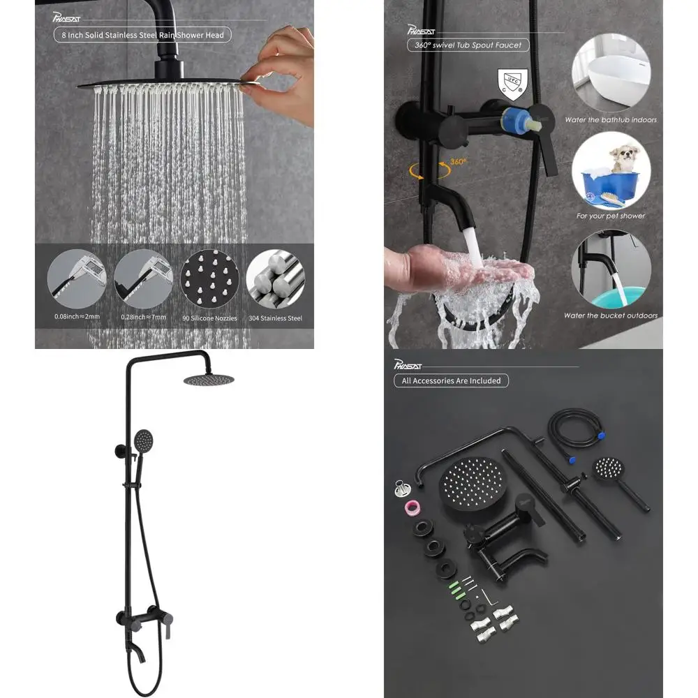 

Matte Black Stainless Steel Shower Set with Rainfall, Handheld, and Adjustable Wall Bar