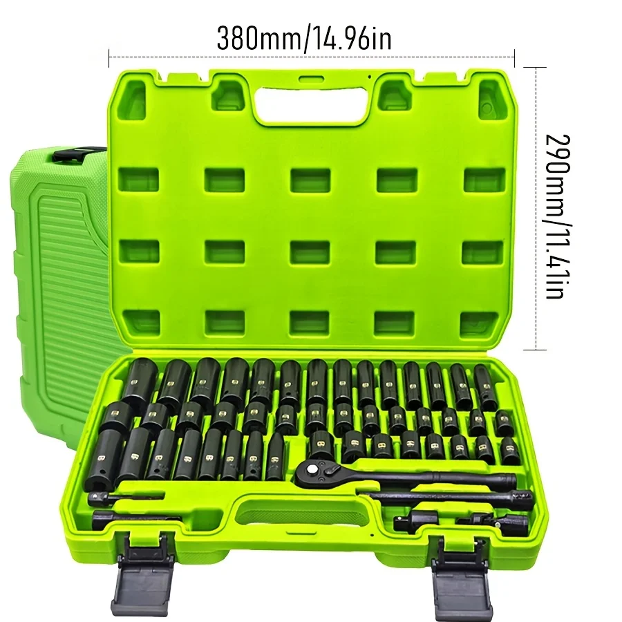 47-piece impact socketset(3/8-inch drive,available in SAE (5/16-inch to3/4-inch) and metric (8 to22 mm) sizes, hexagonal design.