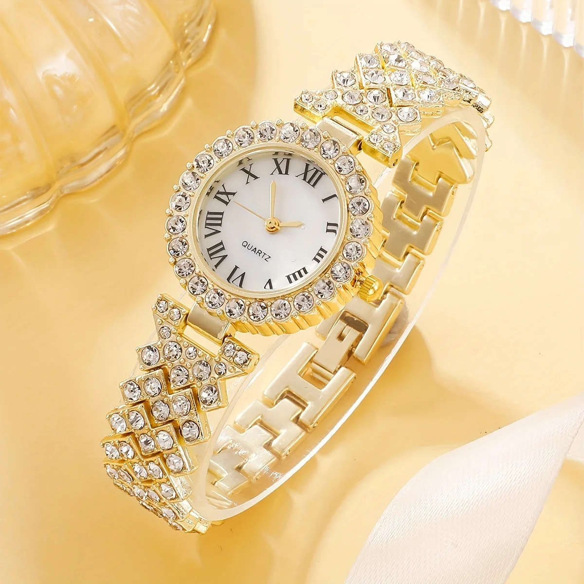 Women\'s Watch Luxury Rhinestone Quartz Watch Rome Fashion Analog Wrist Watch & 5pcs Jewelry Set, Gift For Mom Her