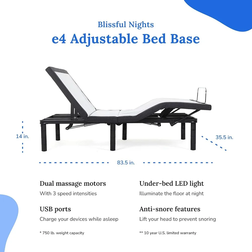 Blissful Nights e4 Cal King Split Adjustable Bed Base Frame with 10