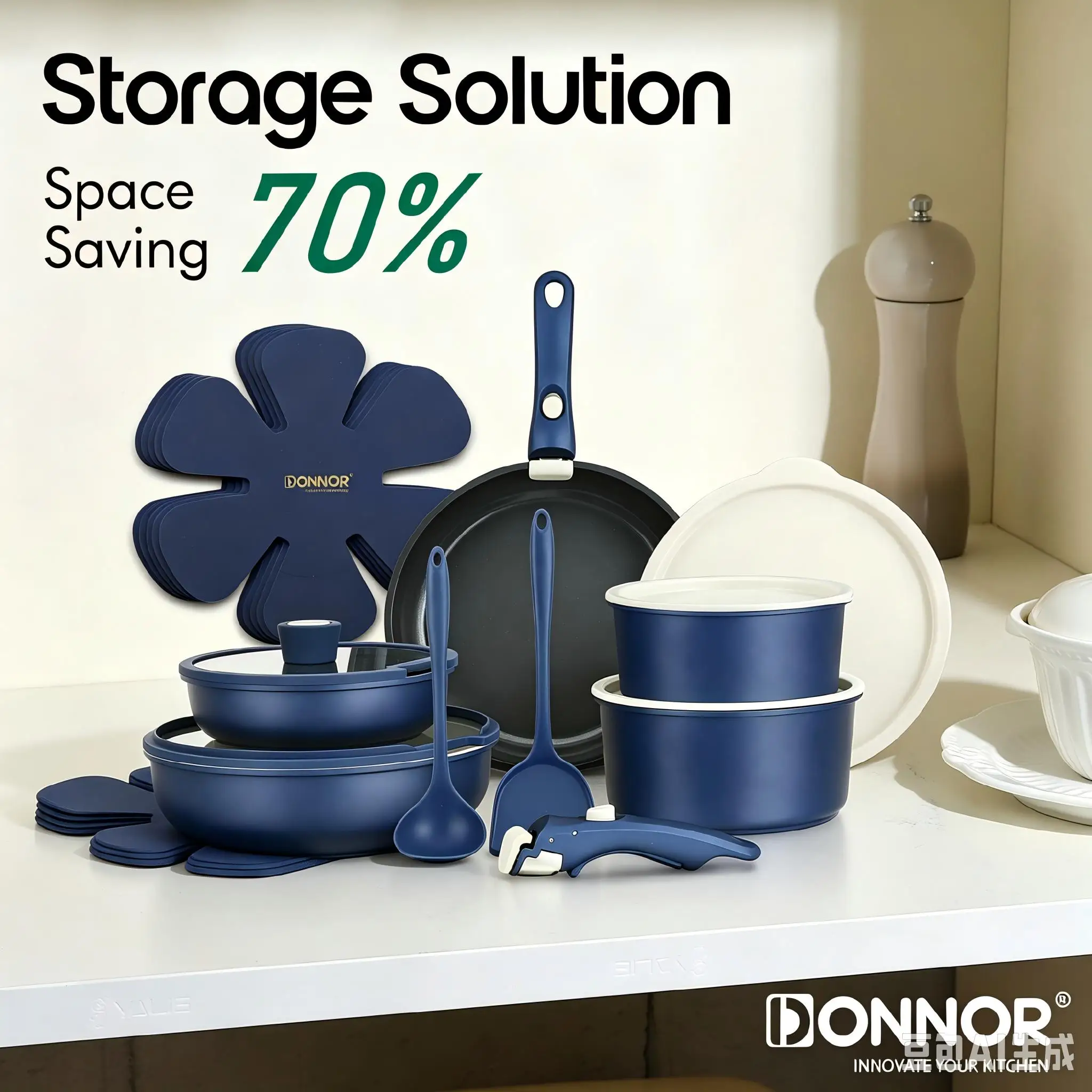 Donnor 19PCS Non‑Stick Pots Pans Set Capsule Bottom Stackable with Silicone Lids PFOA Lead‑Free 20/24/28/32cm Pots 28cm Pan