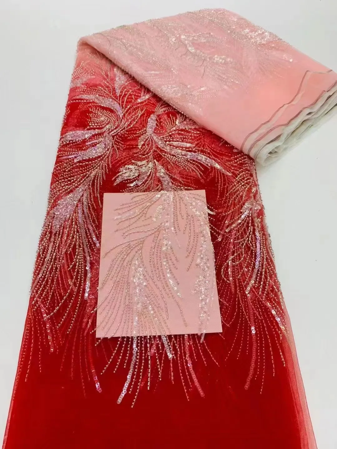 

Africa Nigeria French Lace Sequined Fabrics For Wedding red Luxury Handmade Crystal Beads 2023 High Quality Beaded Tulle Mesh