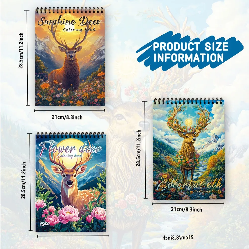 3 pcs, Forest Spirit Deer Adult Coloring Book, 11.2 x 8.3  inches, 30 pages per book - 100 gsm paper, birthday or holiday gift