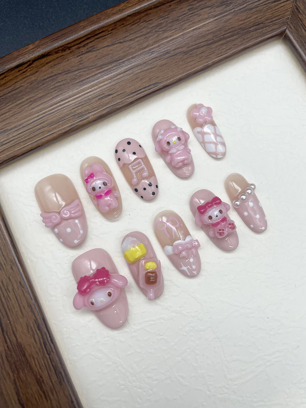 

Kawaii Pink 3D Doll My Melody Press On Nails Art Sticker Handmade Long Almond Bowknot Wings Note Design Fake Nails Party Gift