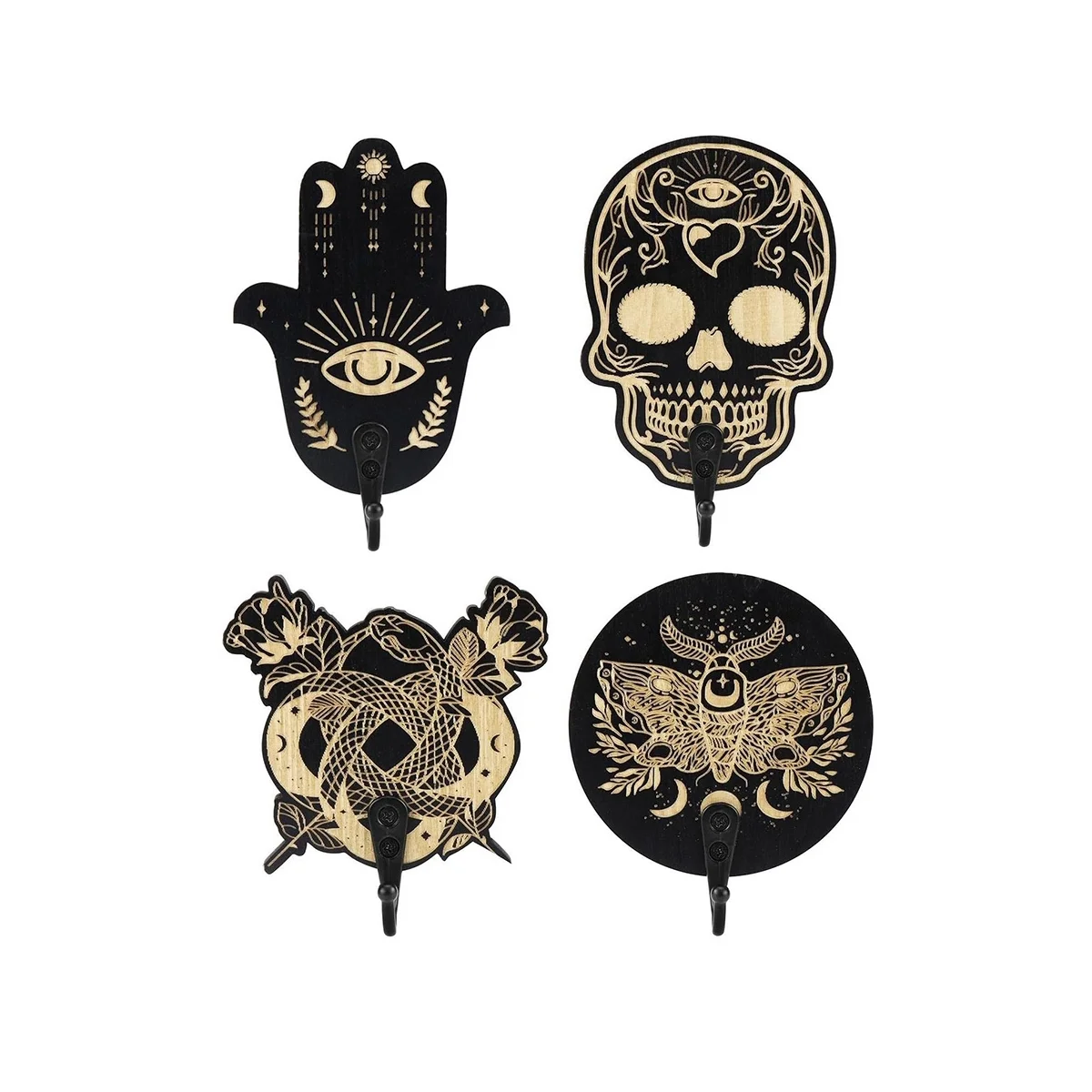 

Wooden Wall Hooks - Evil Eye Decor for Wall 4 Pcs Hamsa Hand Key Holder Skull Zen Spiritual Moon Key Holder