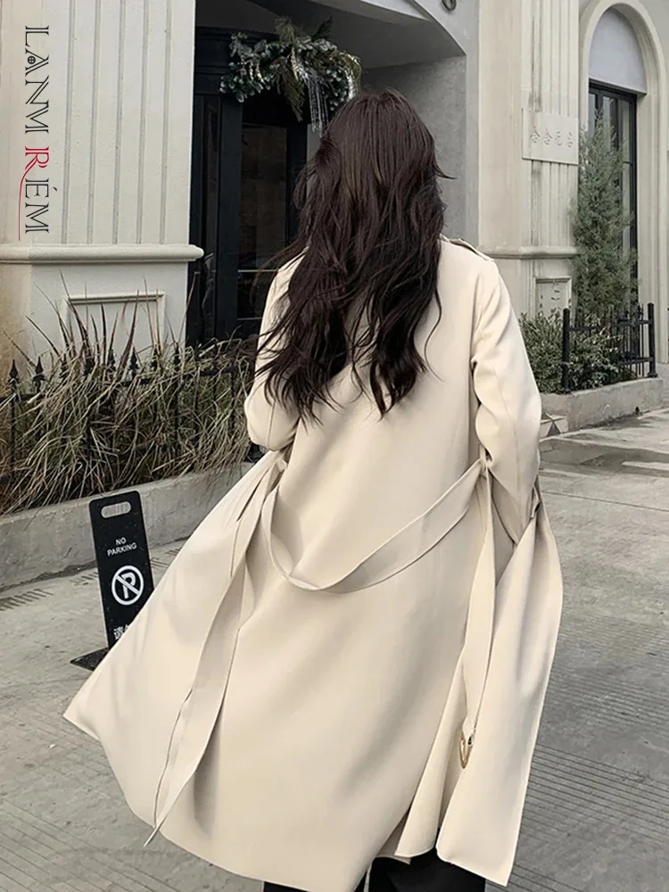 

LANMREM Designer Fashion Windbreaker Women Lapel Double Breasted Mid Length Trench Coat With Belt Office Lady Clothes 2DA8505