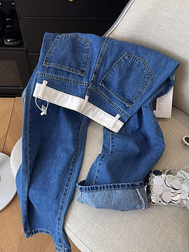 Blauwe damesjeans hoge taille vintage rechte losse denim broek streetwear Y2K Amerikaanse klassieke mode wijde pijpen denim broek