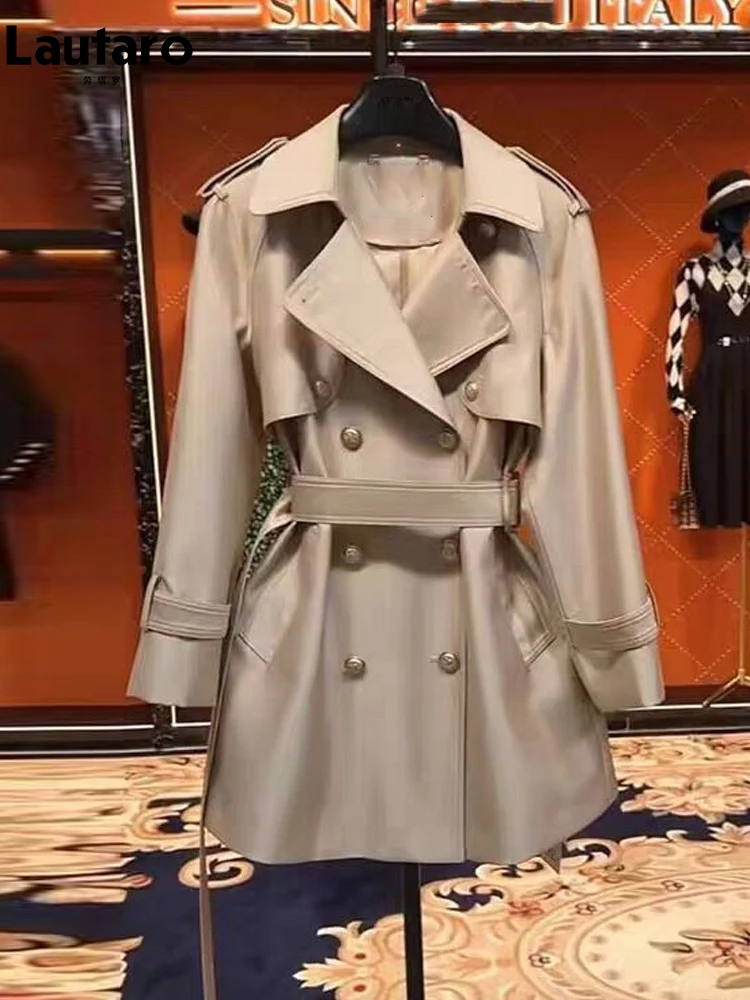 Lautaro Spring Autumn Khaki Satin Trench Coat for Women Belt Double Breasted Elegant High Quality Luxury Designer Clothing 2024