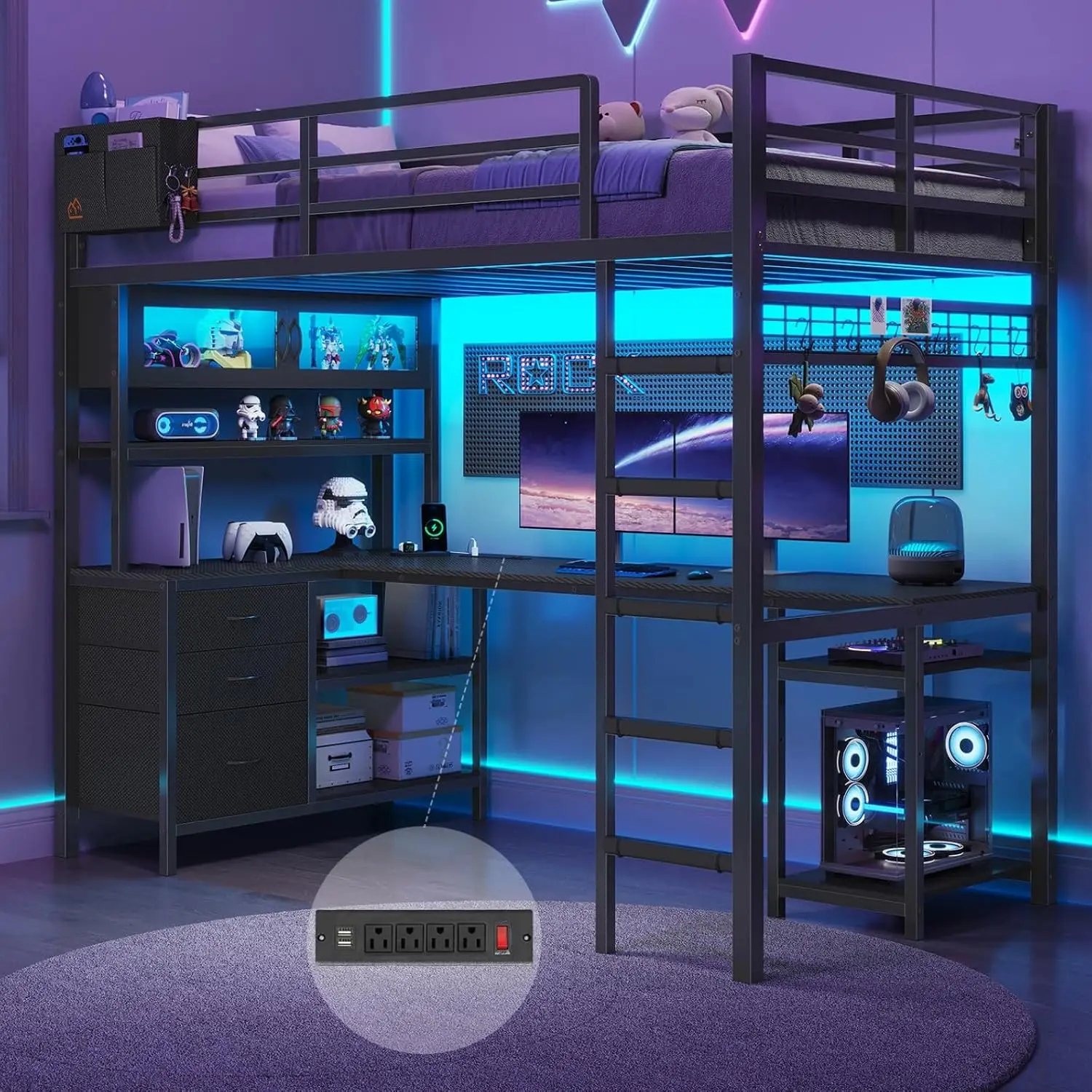 DICTAC Twin Loft Bed with L-Shaped Gaming Desk,Led Lights and Charging Station,Gaming Loft Bed Twin Size with Bookshelf and Glas