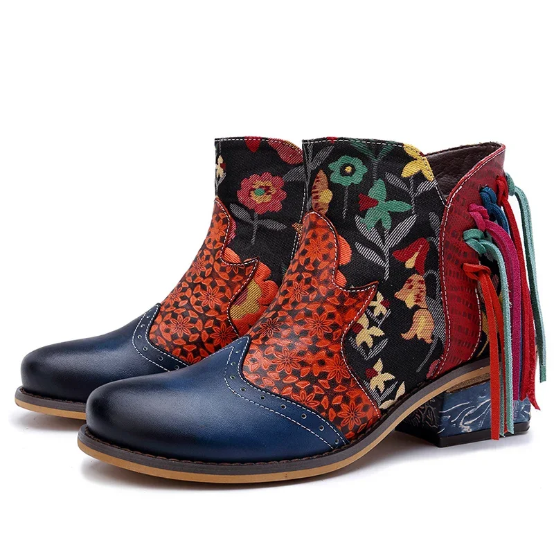 Bohemian Ankle Boots Women Shoes Genuine Leather Retro Printed Zip Block High Heels Ladies Shoes Boats Mujer women boots