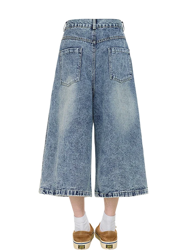 Retro Blue Versatile Denim Shorts Women Summer Thin High Waist Slimming Loose plus Size Embroidered Seven-Foot Medium Pants