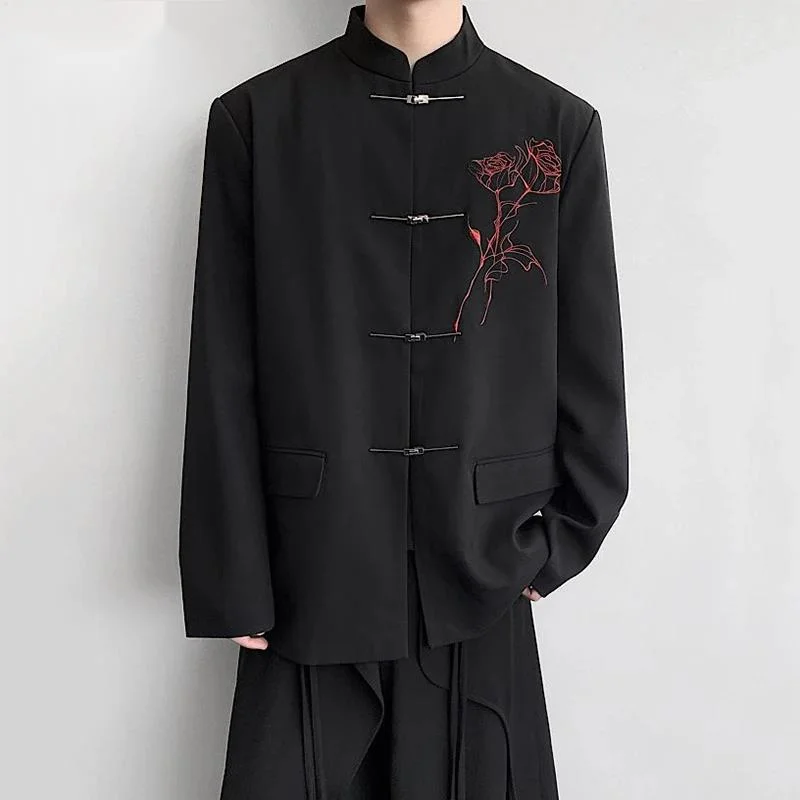 Chinese Style Men's Suit Jackets Stand Collar Rose Embroidery Metal Knot Button Contrast Color Loose Blazers VDF5