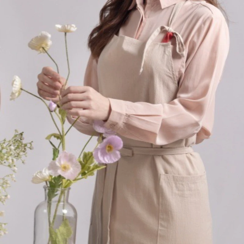 Waterproof Cotton Linen Apron Women Dress with Pocket Home Kitchen Cook Baking Pinafore Coffee Gardening Florist Work Clothes