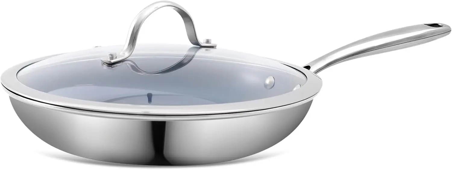 

Stainless steel non-stick skillet with ceramic coating lid, suitable for induction cooktops, electric stoves, and gas ranges.