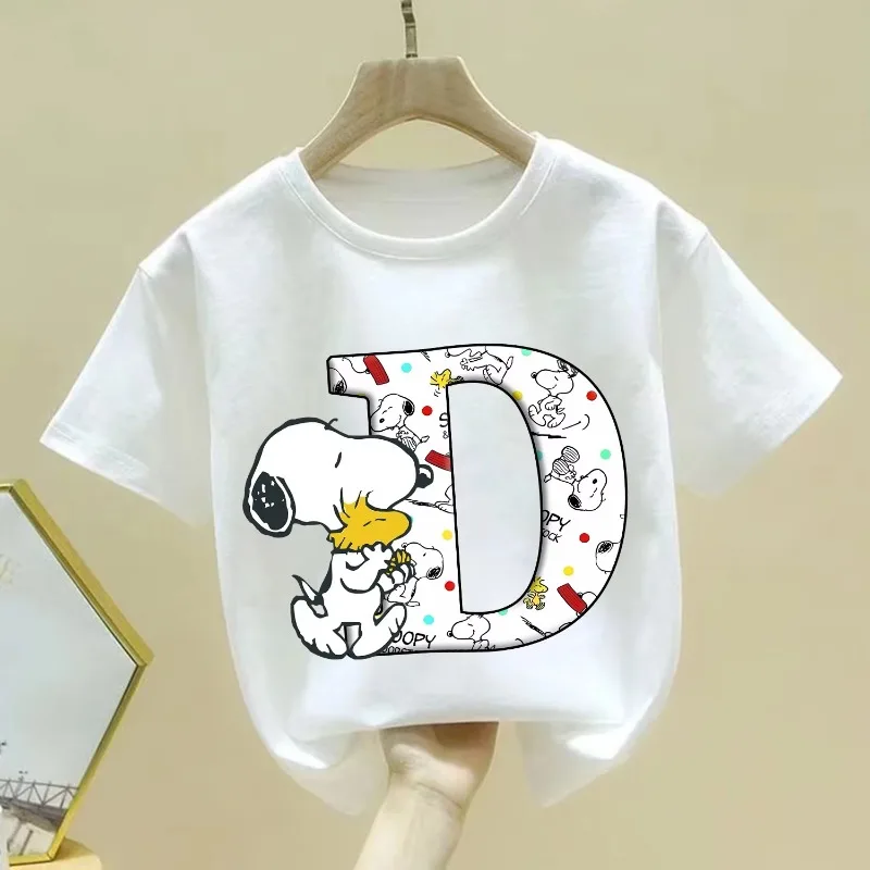 2026 أطفال الصيف المحملة الأعلى سنوبي A-Z رسالة الأطفال لطيف الكرتون أنيمي الملابس موضة الجولة الرقبة الملابس الأبيض قصيرة الأكمام #3