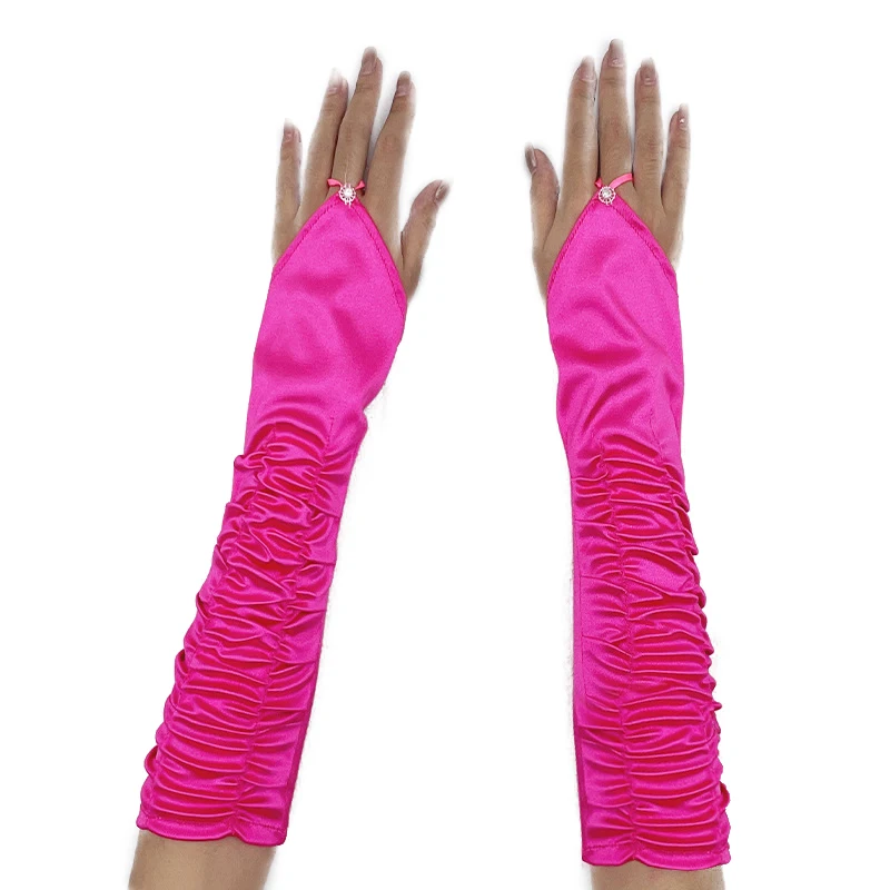 Women Long Fingerless Gloves Pleated Etiquette Mittens Lady Wrinkle Satin Gloves Sunscreen Drive Glove Wedding Party Gloves