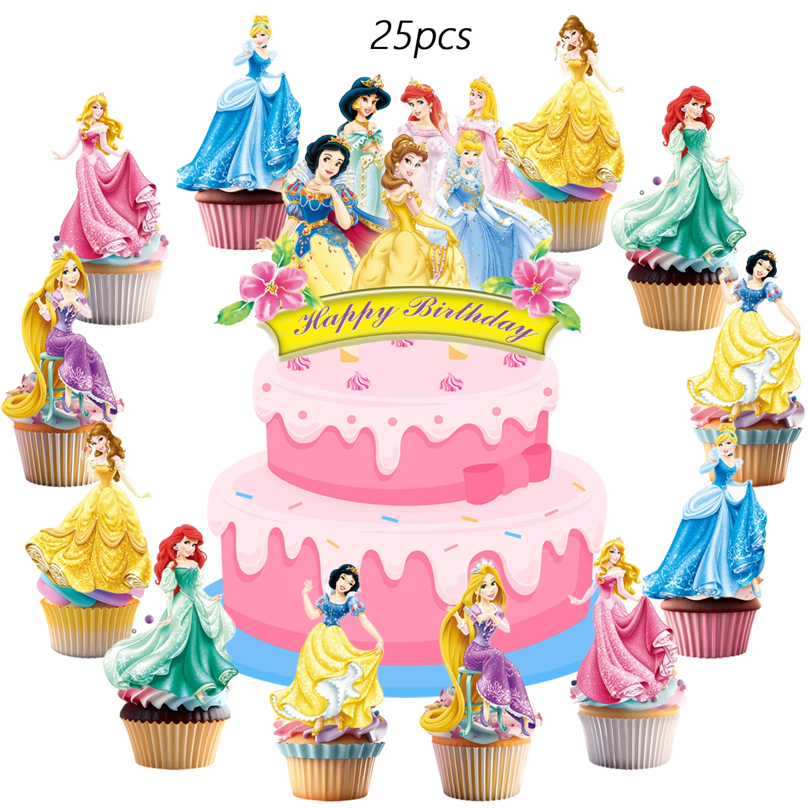 25 adornos para pasteles de princesa, adornos para cupcakes, decoraciones de cumpleaños de princesa, suministros para fiestas temáticas de princesa, decoración de cumpleaños de princesa