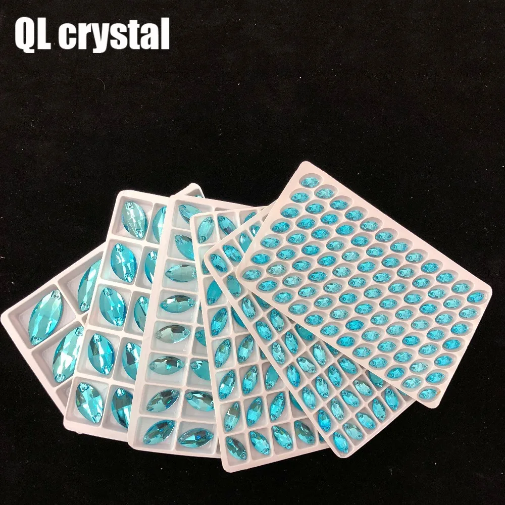 ALL Size Lake Blue Navette Sew on Crystal Rhinestones Flatback Marquise Sew on stone for Making wedding DIY  bags shose