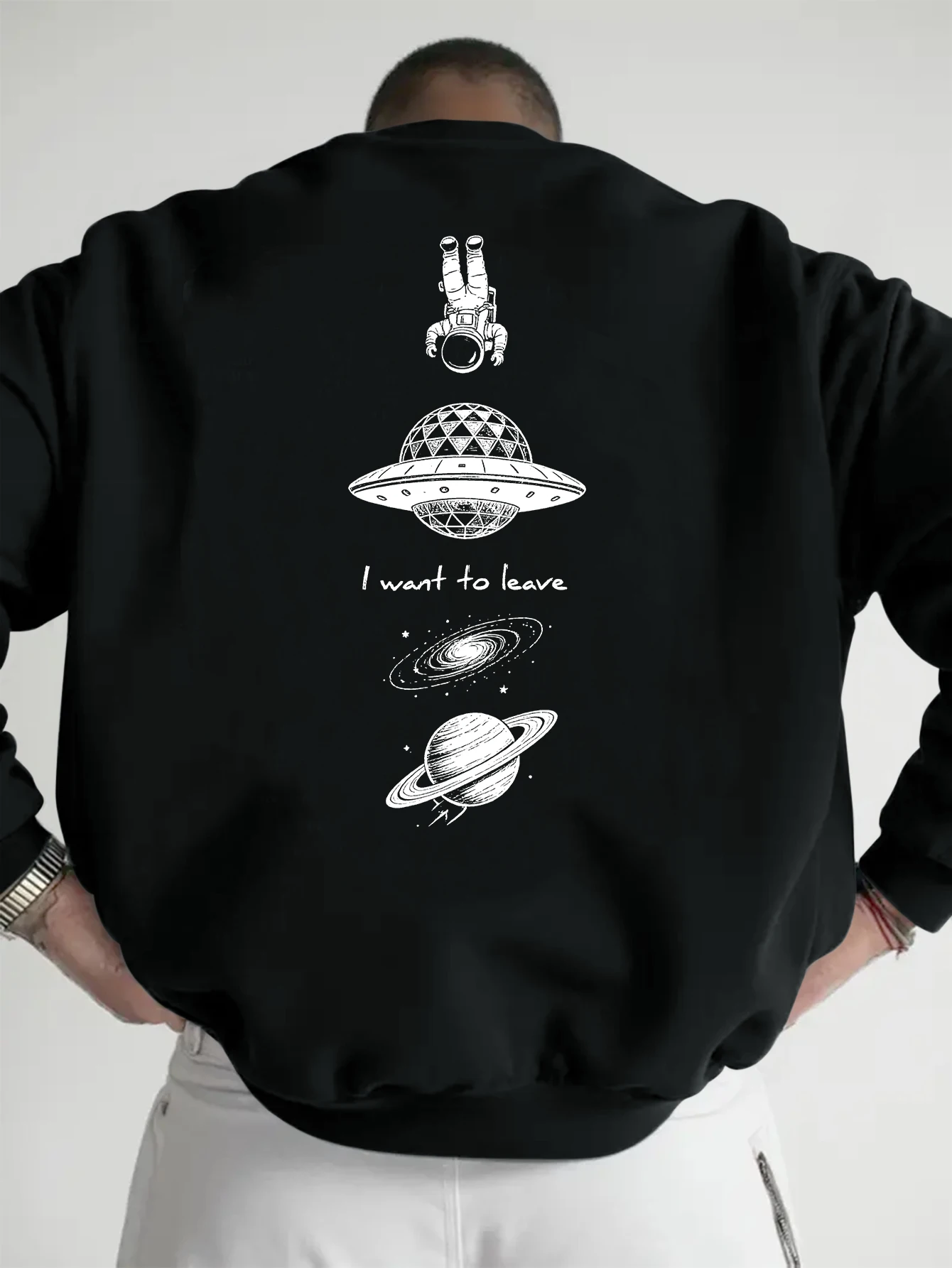 Men Black Oversized Crew Neck Pullover, Retro Space Astronaut UFO Planet 
