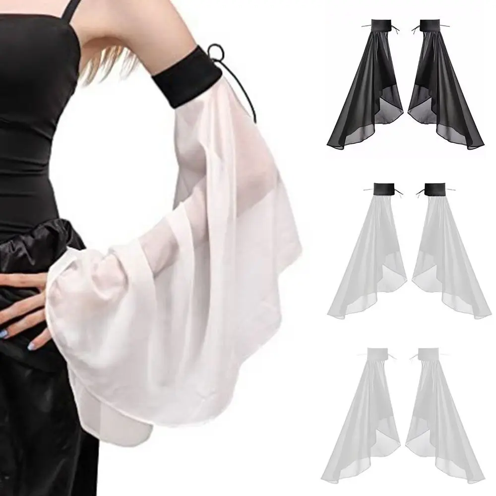 

1Pair Detachable Women Long Tulle Bell Sleeves Breathable Thin Sunscreen Sleeves Adjustable Tie Strings Elegant