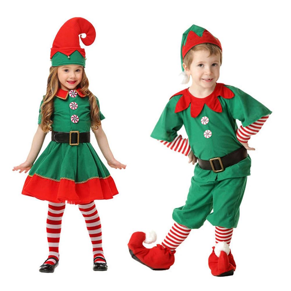 

Christmas Santa Claus Costume Green Elf Cosplay Family Carnival Party New Year Fancy Dress Clothes Set For Men Women Girls Boys