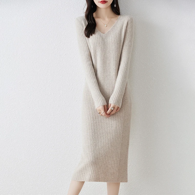 ピュアウールニットセーターのスカート,Vネックのプルオーバー,単色,柔らかくエレガント,長い,女性のための気質,秋冬,新作コレクション