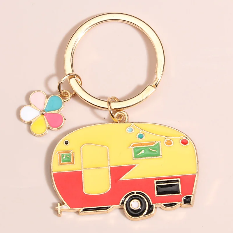 Cute Enamel Keychain Colorful Flower Touring Car Key Ring Recreational Vehicle Key Chains For Women Men DIY Handmade Jewelry