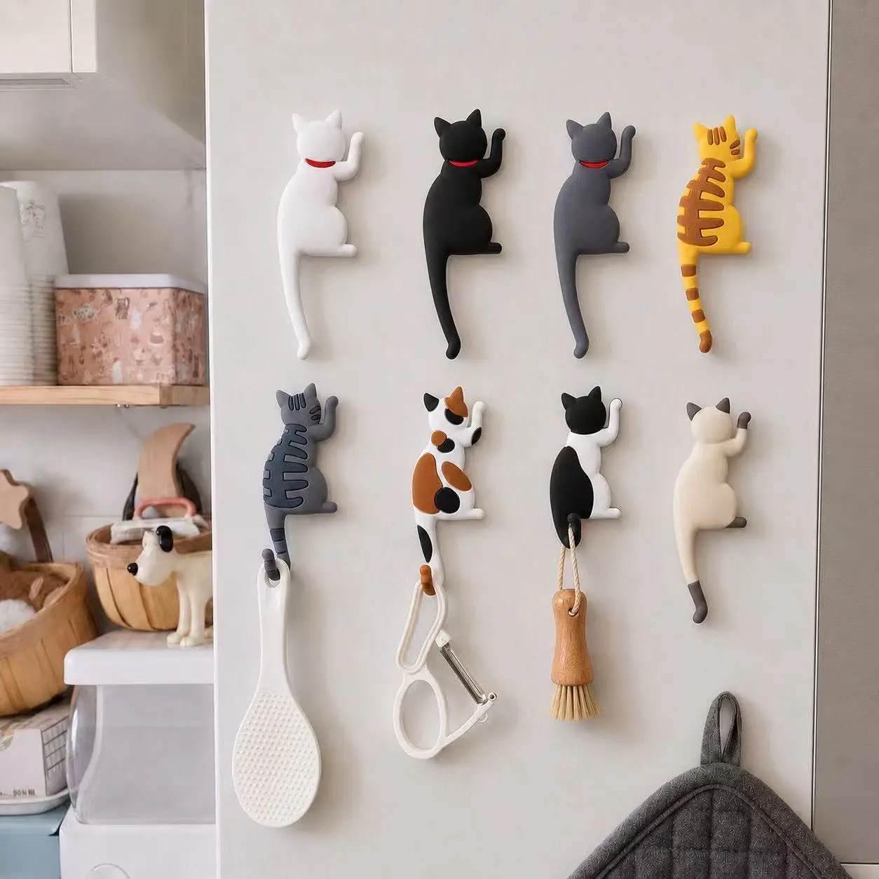 2Pcs Bendable Tail Cat Magnetic Fridge Hook Cute Kitten Refrigerator Magnet Sticker Home Kitchen Decor Key Small Things Hanging