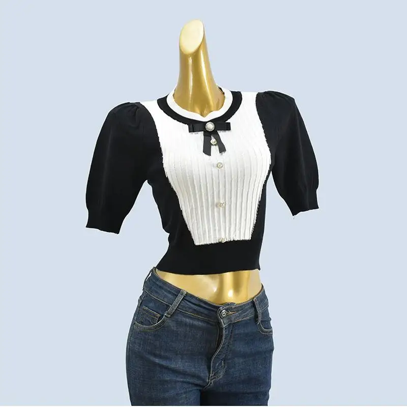 Sweet Color Blo Bubble ort Sve Knitwear Spring Summer  Knot Slimming Design Top Commute Sle Regular Thin