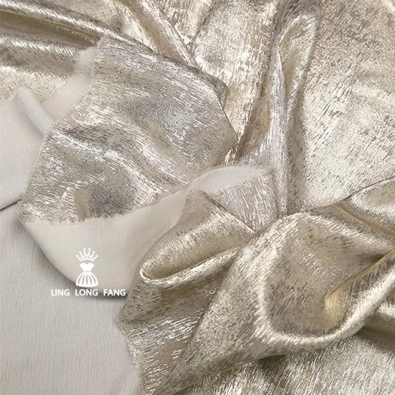 

Fluorescent Silk Chiffon Special Hot Stamping Fabric Metallic Texture Silver Shiny Evening Dress Fashion Designer Fabrics