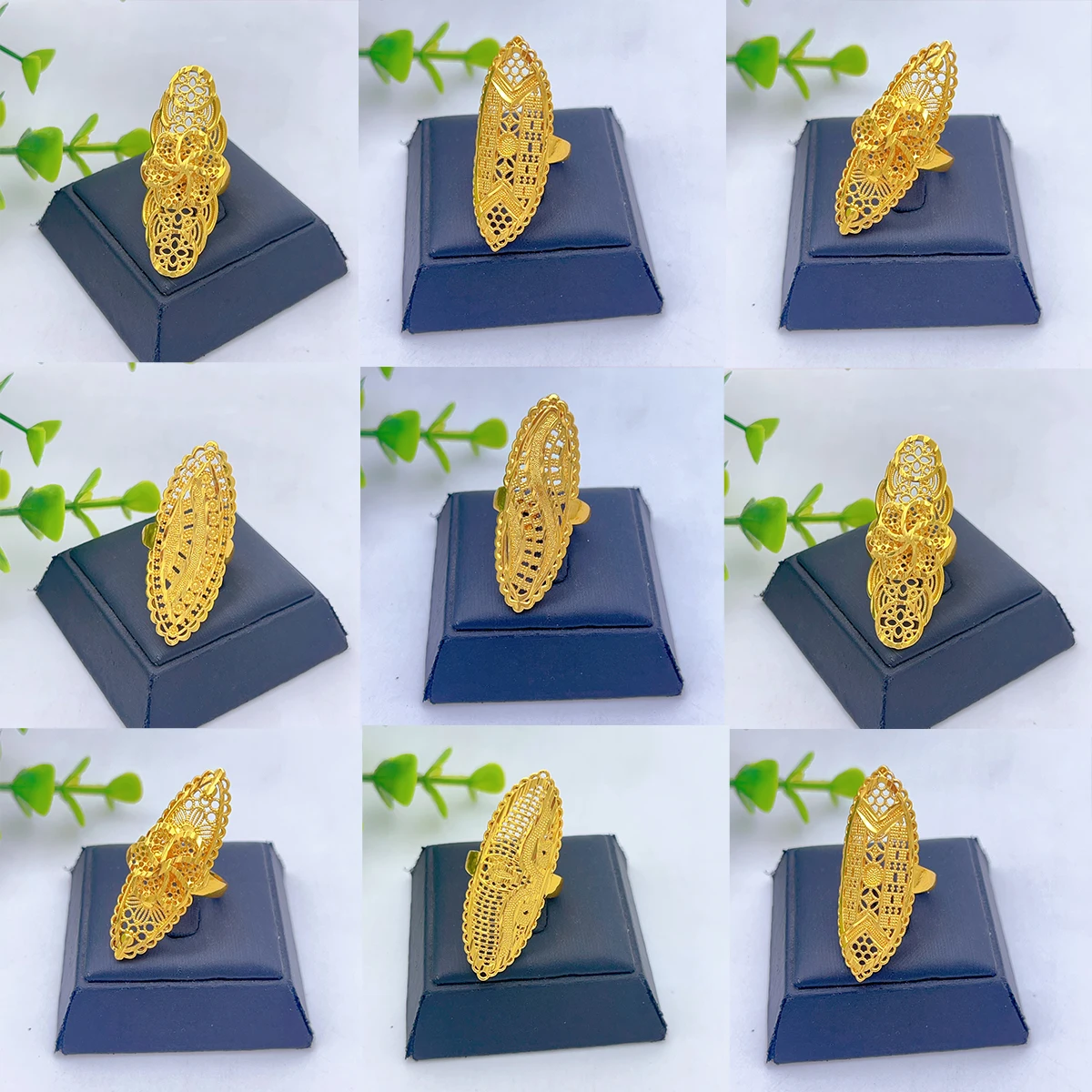 Resizable Dubai 24K Gold Plated Long Rings Jewelry For Women Wedding Ethiopia Arab Luxury African Party Nigerian Big Jewellery