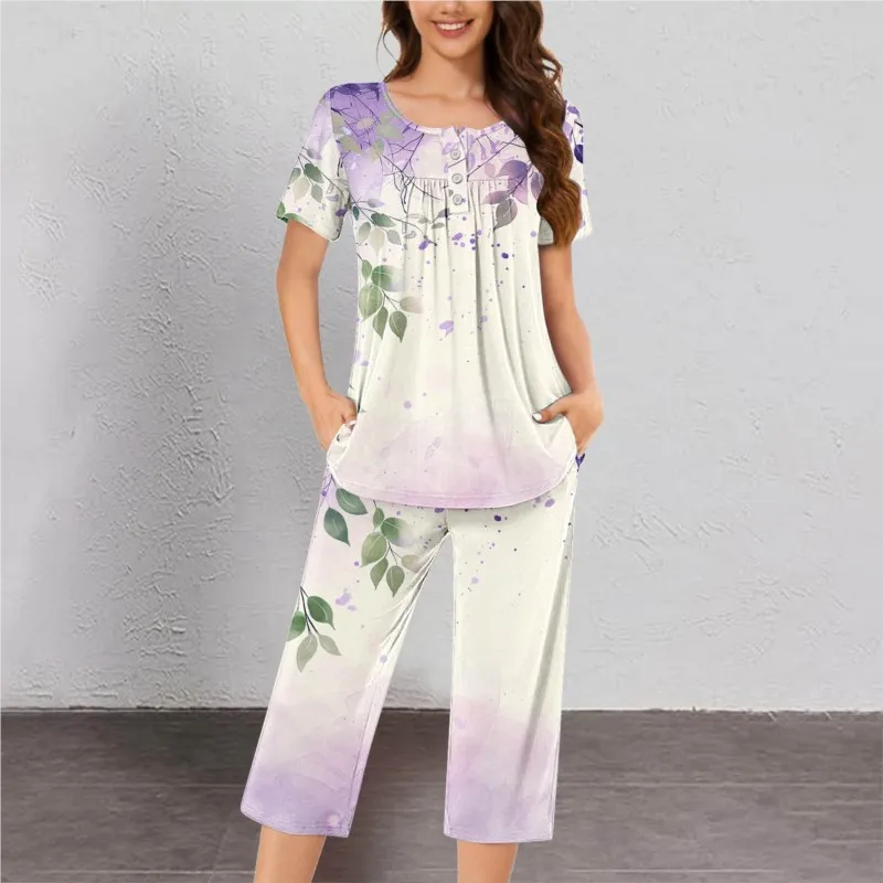 2024 New Printed Suits Ladies Short Sleeve Button Tops And Elastic Waist Calf-length Trousers Spring Summer Homewear Casual Suit