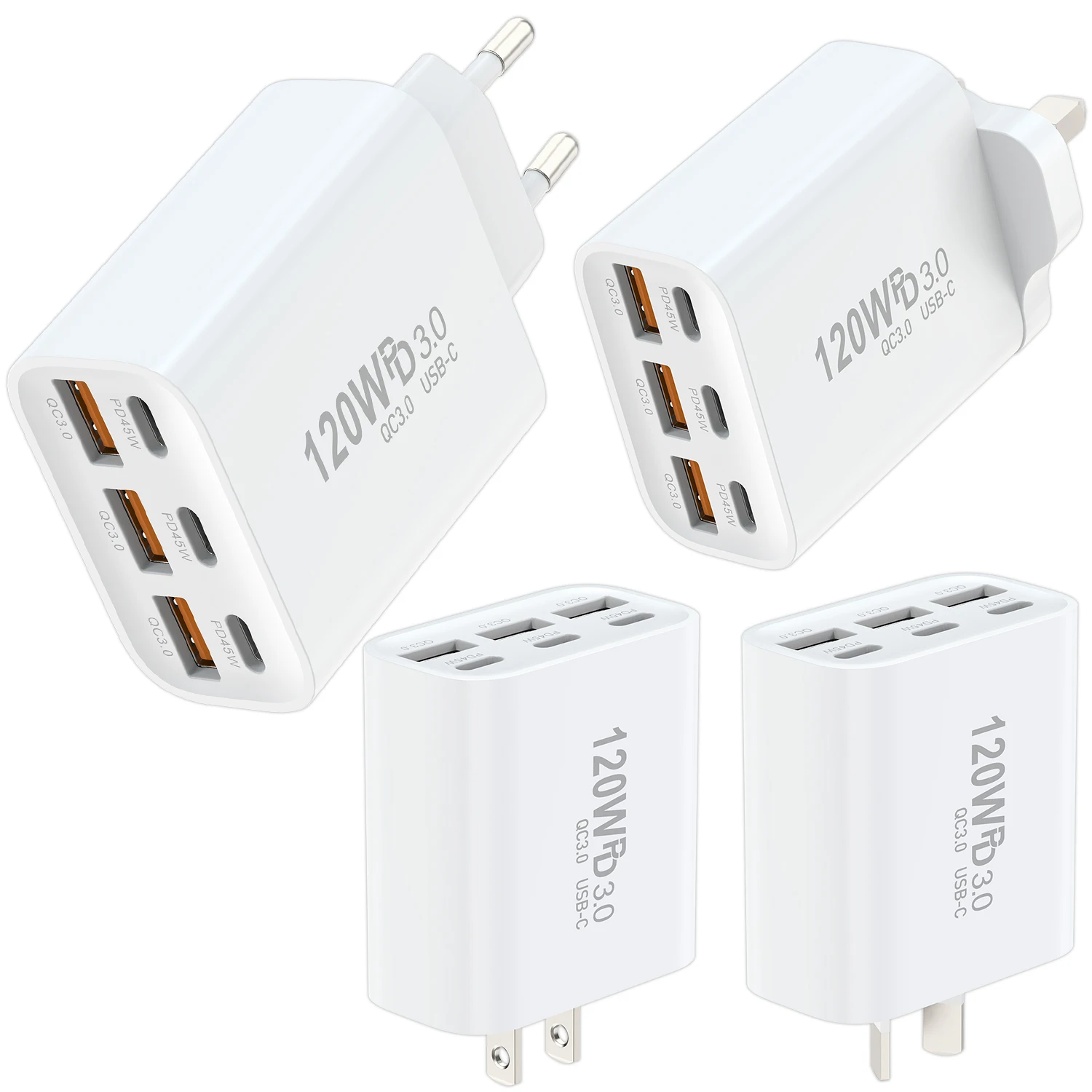 120W GaN 6 in 1 Fast Charging Phone Charger USB C Charger Power Adapter Type C EU/US/AU/UK Wall Charger For iPhone Samsung Xiaom