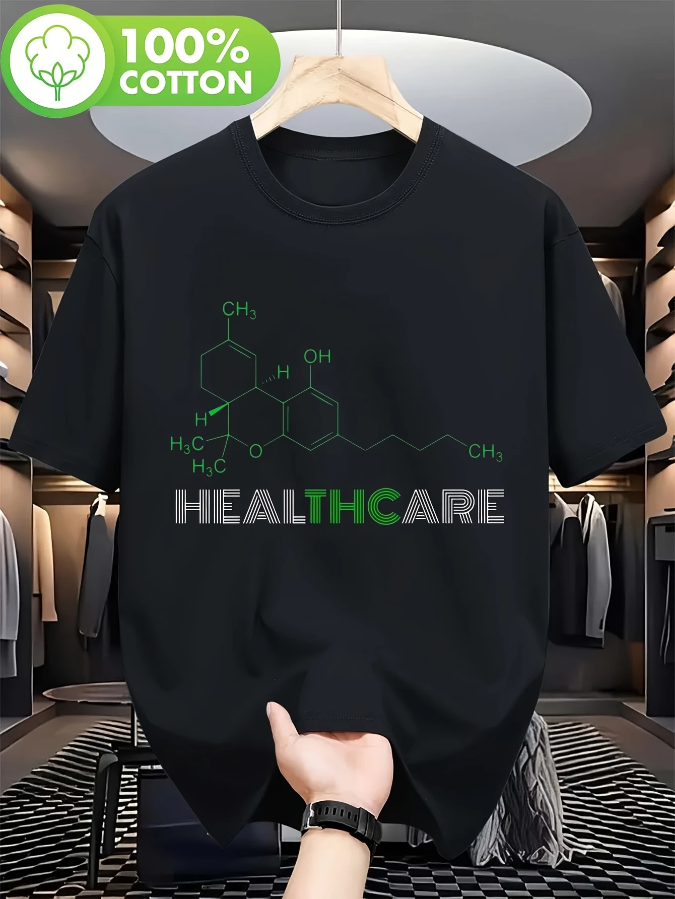 Men's Retro Style T-Shirt Medical THC Cute Gift THC Molecular Pattern, Crew Neck, Short Sleeve, Black, Suitable for All Seasons