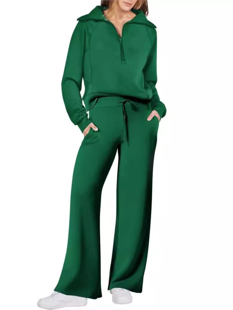 Women\'s Autumn Winter New Casual Sports Suit Fashionable Zipper Long Sleeved Sweatshirt Lace Up Wide Leg Pants Two-piece Set