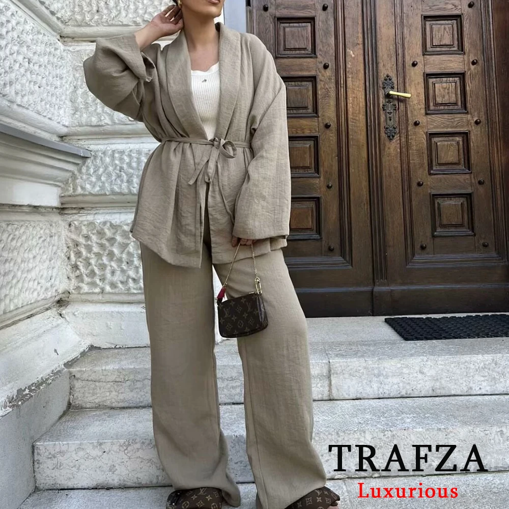 TRAFZA Vintage Loose Women Suits Long Sleeve V Neck Sashes Kimono Jackets+High Waist Wide Leg Pants Fashion 2024 Summer Sets