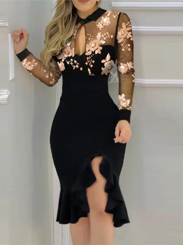 Sexy Mesh Ruffle Dress Long Sleeve Long Dress Europe And America Fashion Wedding Guest Embroidered Sequin Elegant Party Dresses