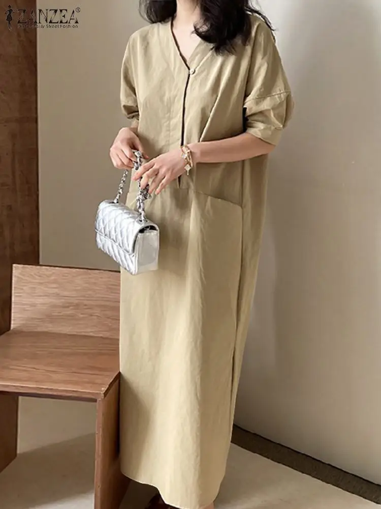 ZANZEA 2024 Summer Korean Cargo Pockets Dress Vintage Khaki Long Robes Women Casual Office V-neck Dress Harajuku Loose Vestidos