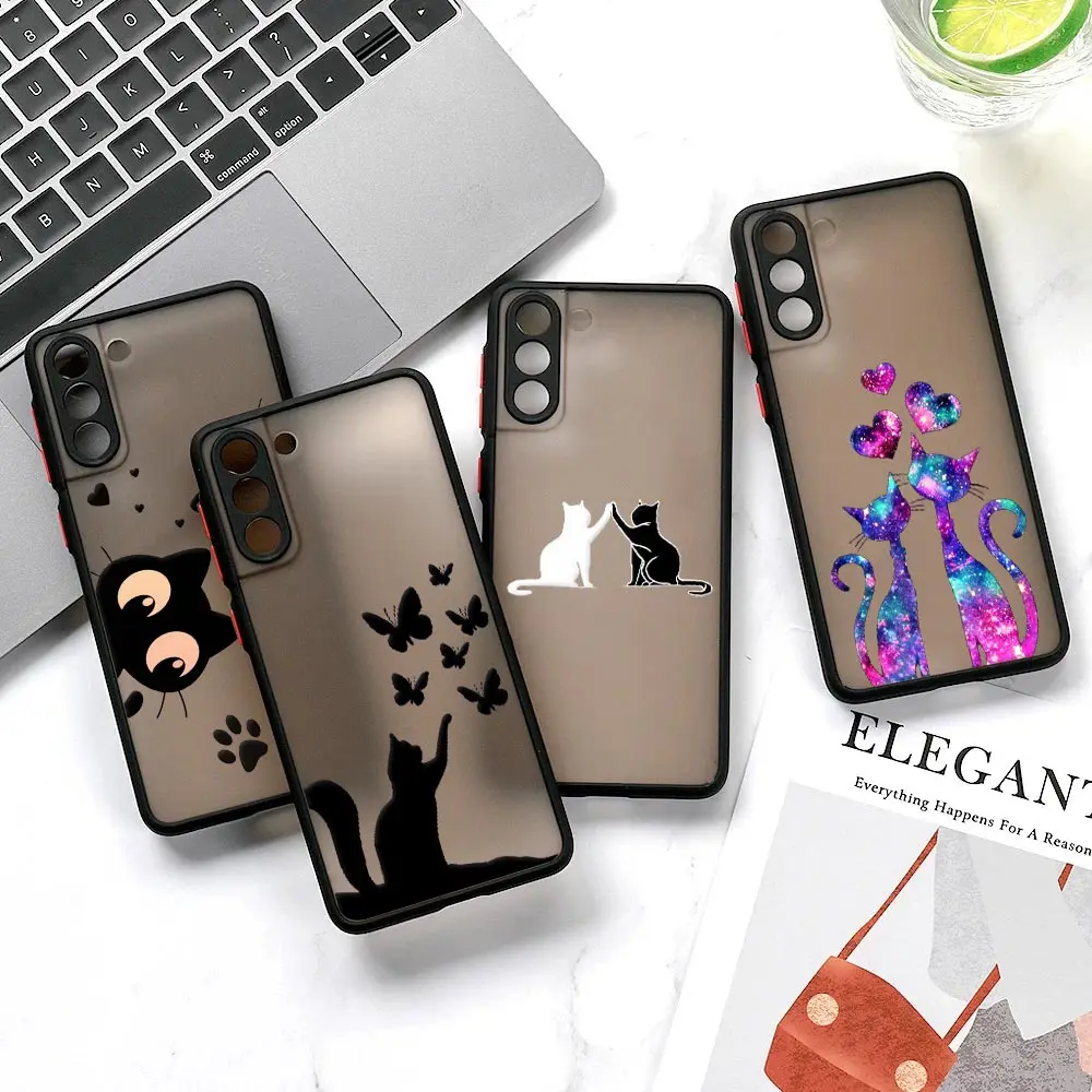 Cat S23 5G Case For Samsung S24 S20 S21 FE S22 S23 Ultra Case Funda Galaxy S24 S10 Plus Matte Cover Cartoon Line Cat Cute Animal